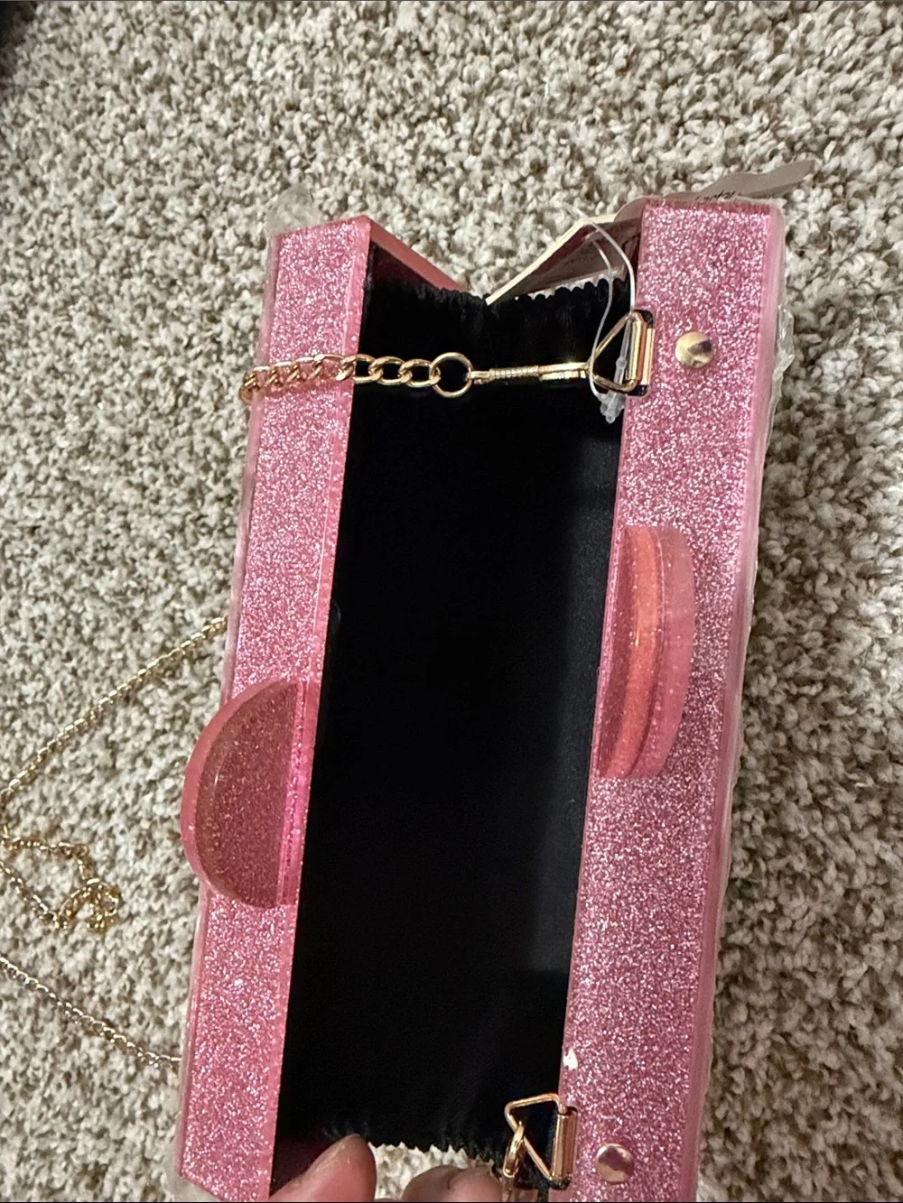 Bari Lynn Pink Acrylic 'SWEET' Box Clutch with Gold Chain Strap